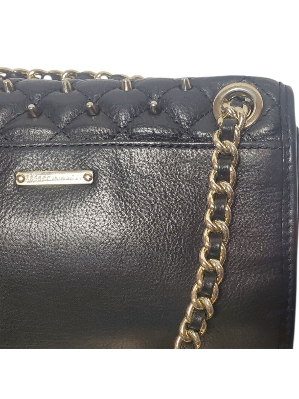 Rebecca Minkoff Quilted Black Leather Crossbody Bag With Gold Chain Strap & Blue - Picture 16 of 16